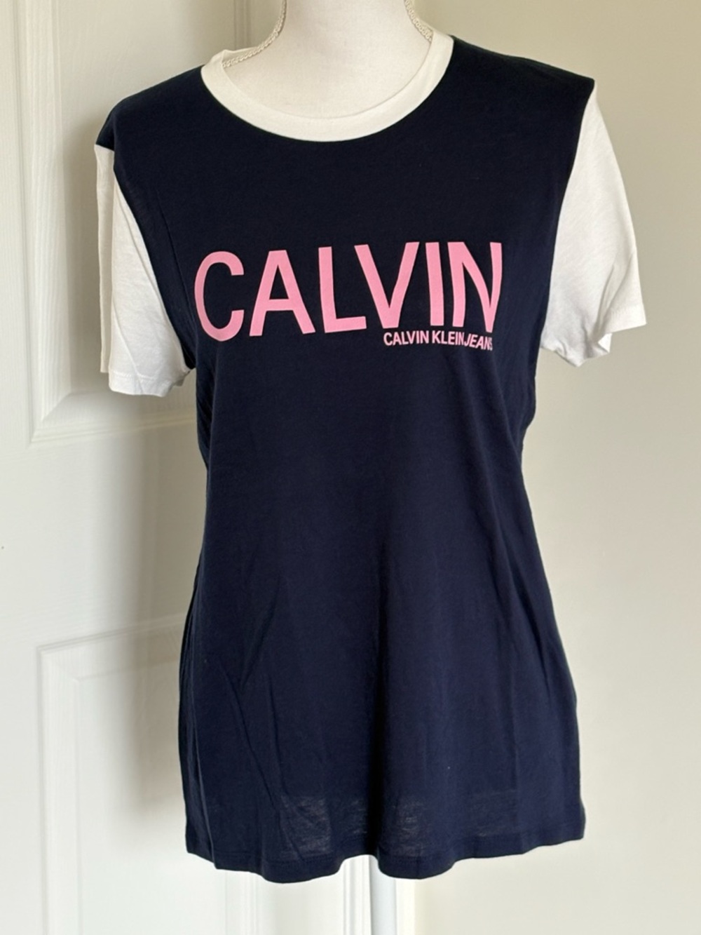 Calvin Klein Navy Tee with White Sleeves and Pink Logo